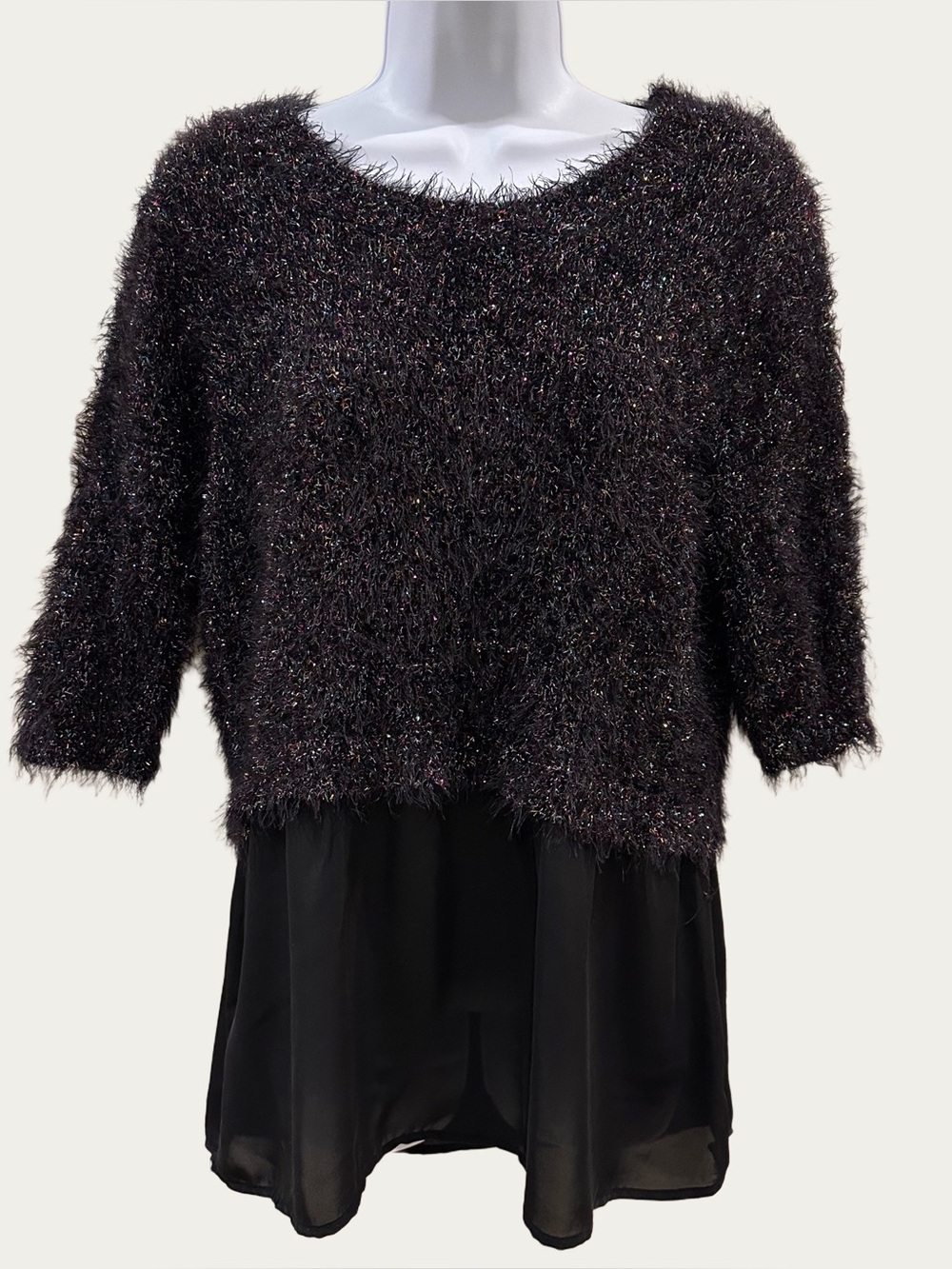 Fuzzy Multi Color Holiday Tinsel Glitter 3/4 Sleeve Black Sweater Large Candies